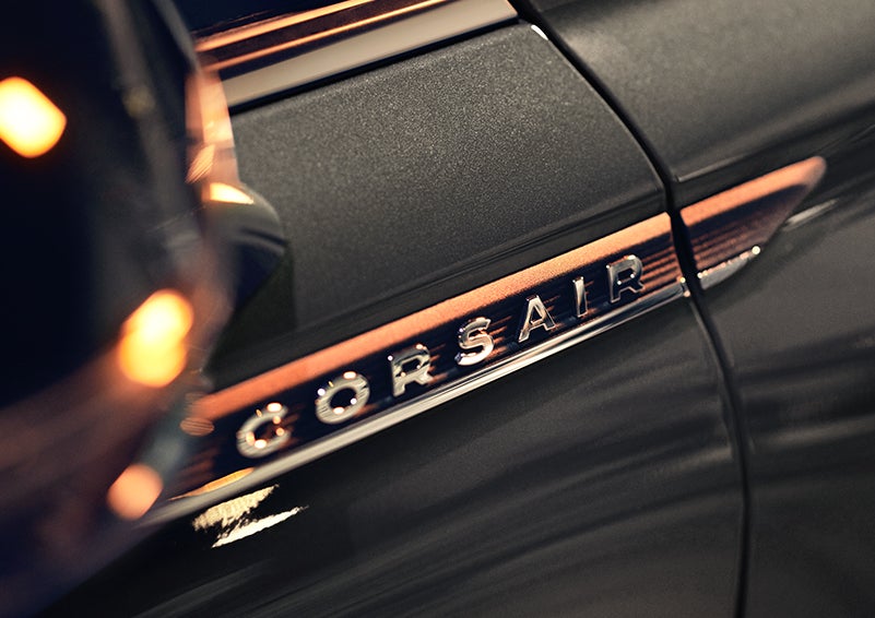 The stylish chrome badge reading “CORSAIR” is shown on the exterior of the vehicle. | Koons Lincoln of Bethesda in Silver Spring MD